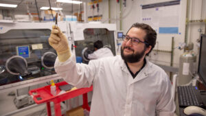 Electrical engineering major Jacob Burrows works on a FURI research project to improve semiconductor performance and longevity.