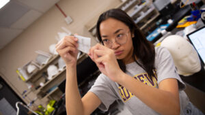 Biomedical engineering major Ava Claire Lariego works on a FURI research project to develop a new material to improve magnetic resonance imaging.