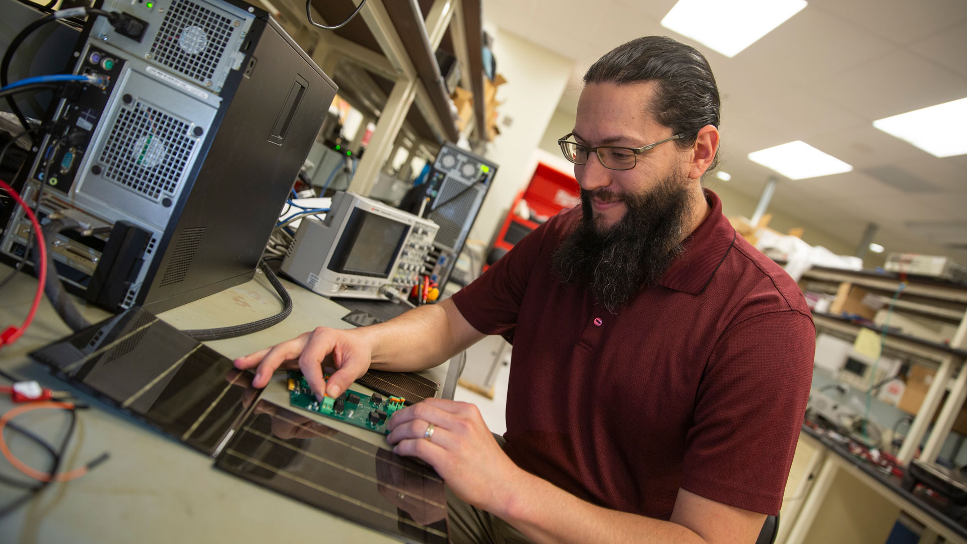 FURI student researcher Patrick Shea Jr. is creating reconfigurable solar arrays helps both in shady conditions and as the solar cells age and degrade.